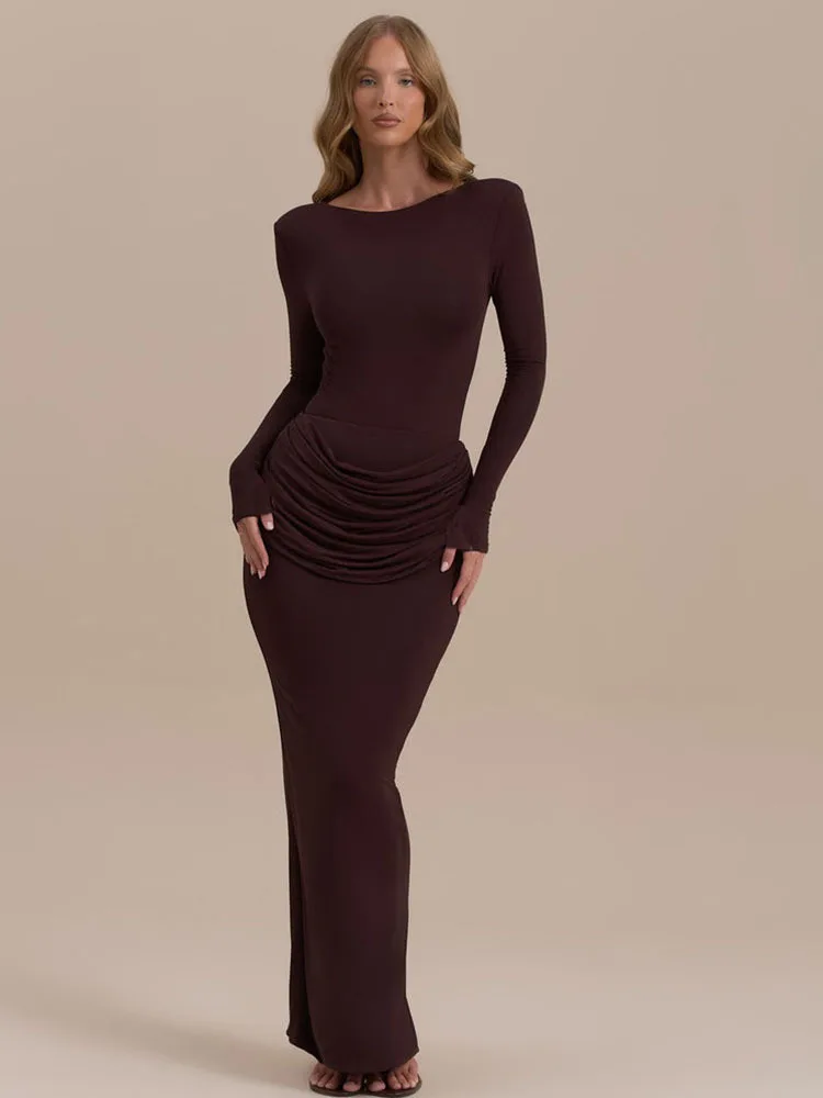 JULISSA MO Elegant Round Neck High Slit Ruched Women Maxi Dress Coffee Long Sleeve High Waist Autumn Skinny Party Evening Dress