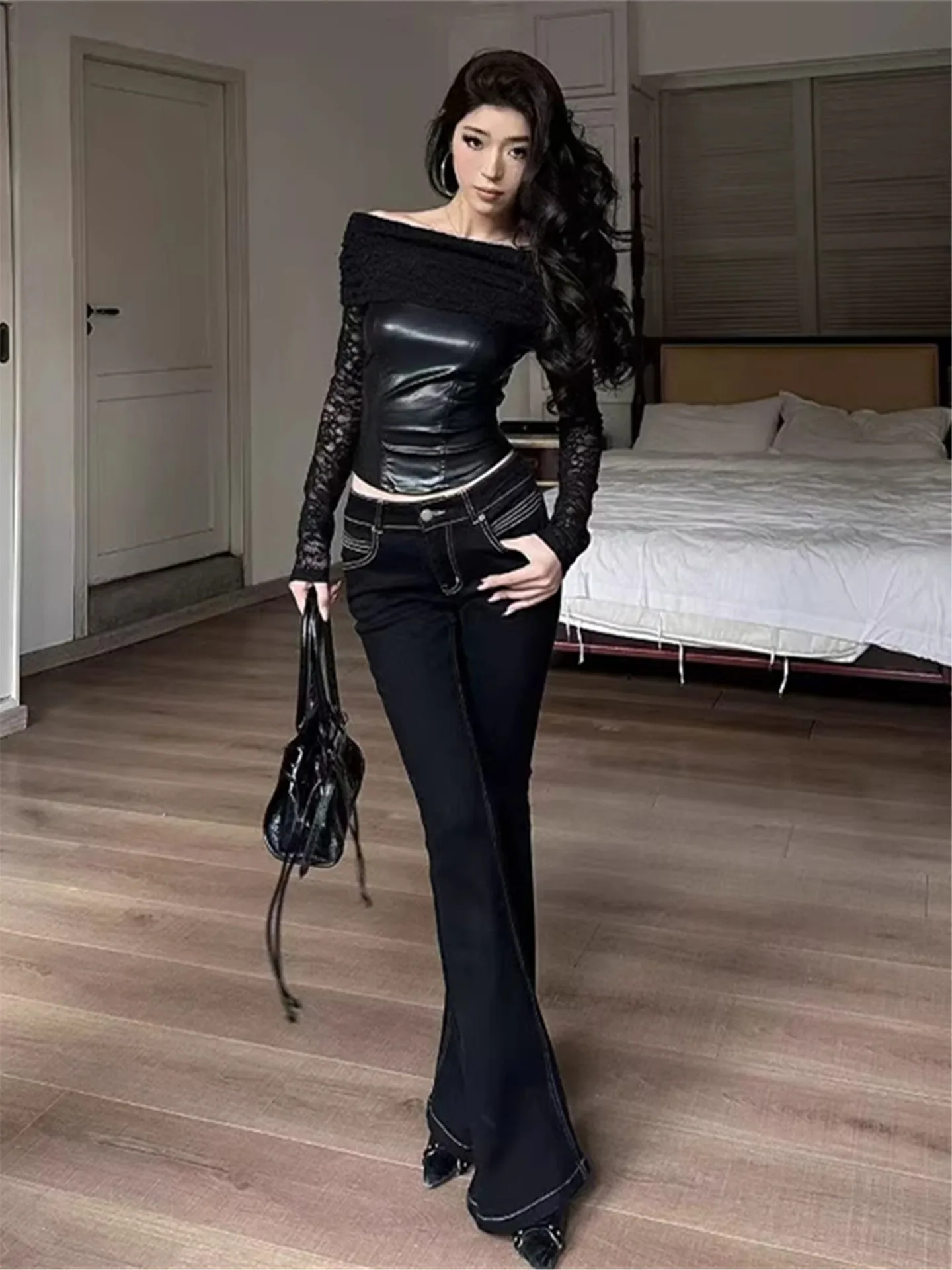

Retro American Low Waist Bell Bottom Jeans Women's Autumn Winter Slimming Long Black Denim Pants High Rise Extended Length