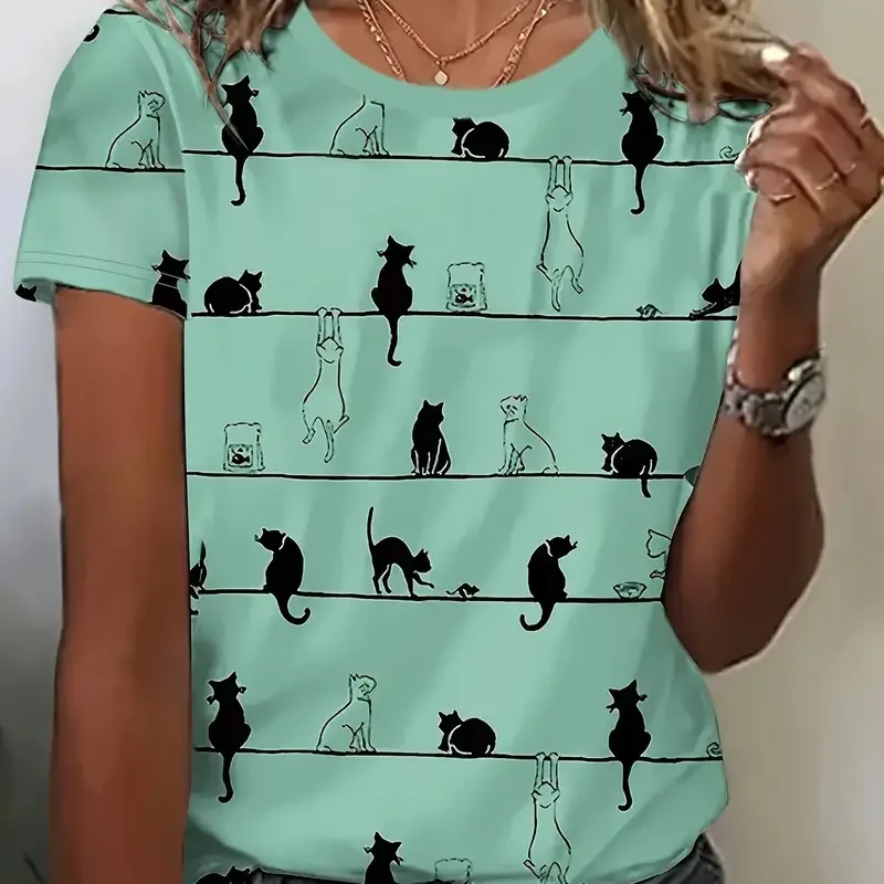 Camiseta estampada de gatinho feminino, gola redonda, manga curta, extragrande, top respirável, moda, fofo, 2024