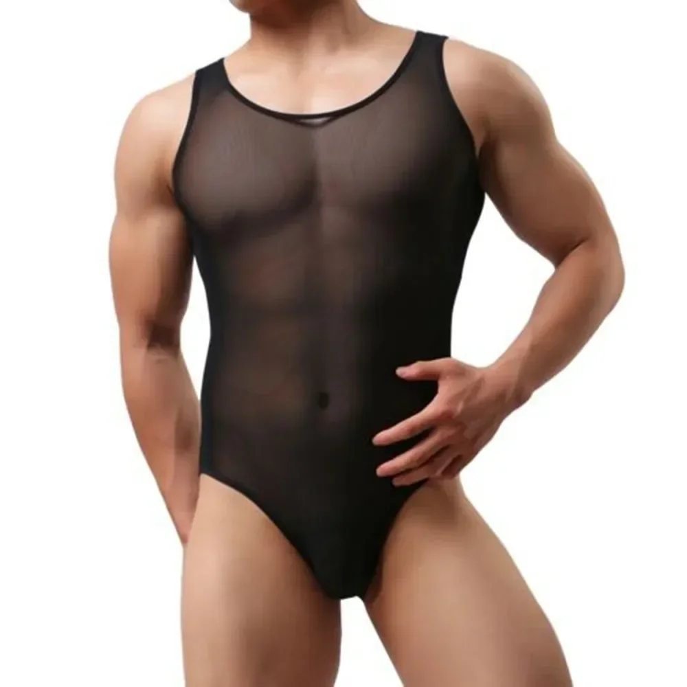 Men Leotard Bodysuit Sheer Jumpsuits Man Bulge Pouch Underwear Slim Corrective Body Sculpting Pulling Shapers