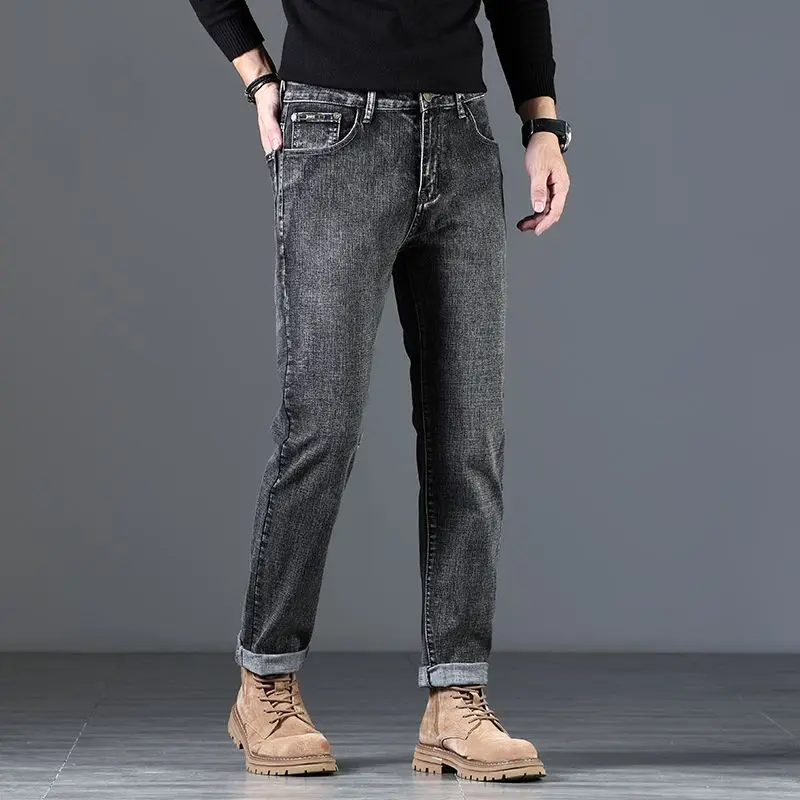 الأعمال عادية سليم صالح مستقيم الساق الرجال الجينز الأعمال مستقيم الترفيه بنطال مرن الذكور العلامة التجارية سراويل جينز أربعة مواسم #1