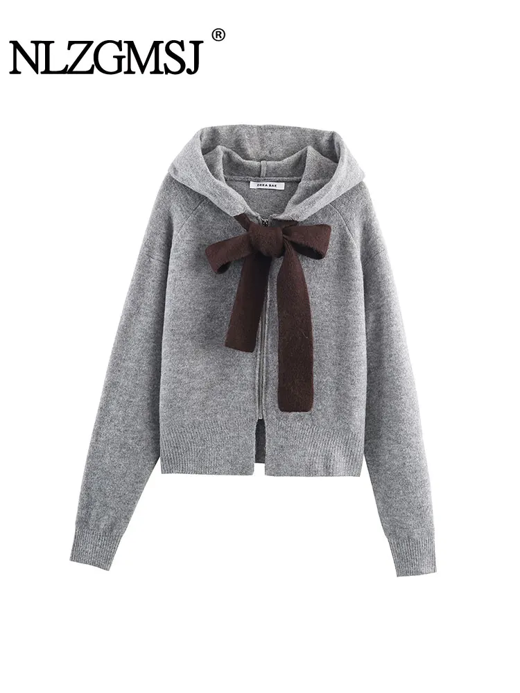 

NLZGMSJ винтажное шикарное женское вязаное пальто на молнии с длинным рукавом и бантом теплые пальто новая мода 2025 осень-зима праздничная женская верхняя одежда