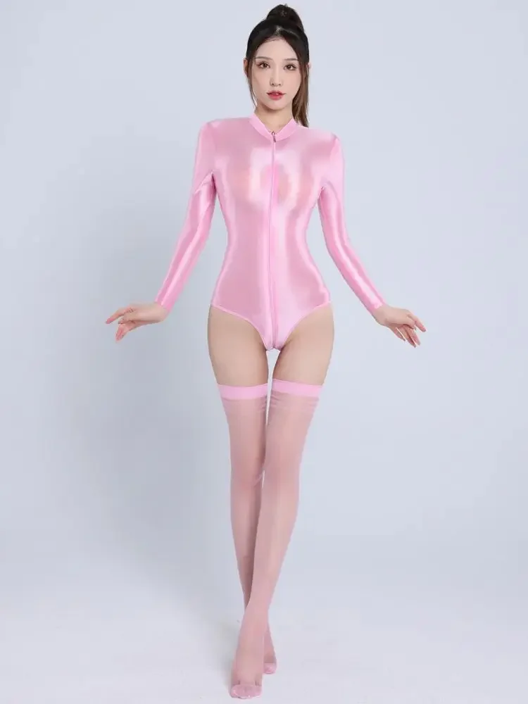 

Glossy Shiny Outfit Catsuit Long Sleeve Double Zipper Open Crotch Bodysuit Tights Hot Sexy Cosplay Sukumizu Body Tops + Stocking
