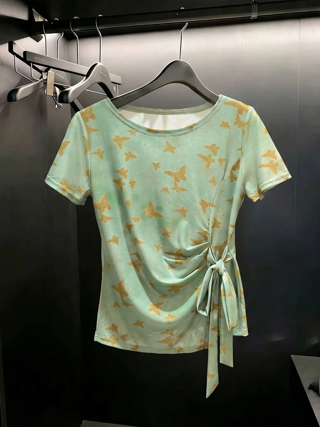 

Elegant Print Short Sleeve Women's T-Shirt Waist-Cinching Belted Versatile Summer Fashion Top Korean Style Straight...