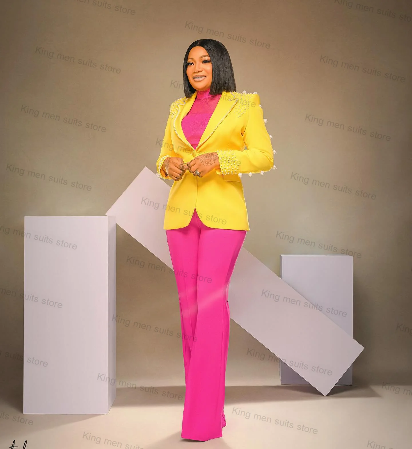 Pearls Yellow Wedding Women Suit Pants Set 2 Piece Blazer+Pink Trouser Formal Office Lady Jacket Tailored Prom Dress Coat