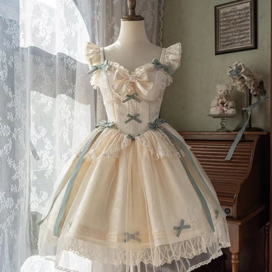 

MAGOGO Moonlight Ballet Y2k Waist-Fitting Fishbone JSK Mini Dress Women Original Sweet Lolita Bow Lace Princess Party Dresses