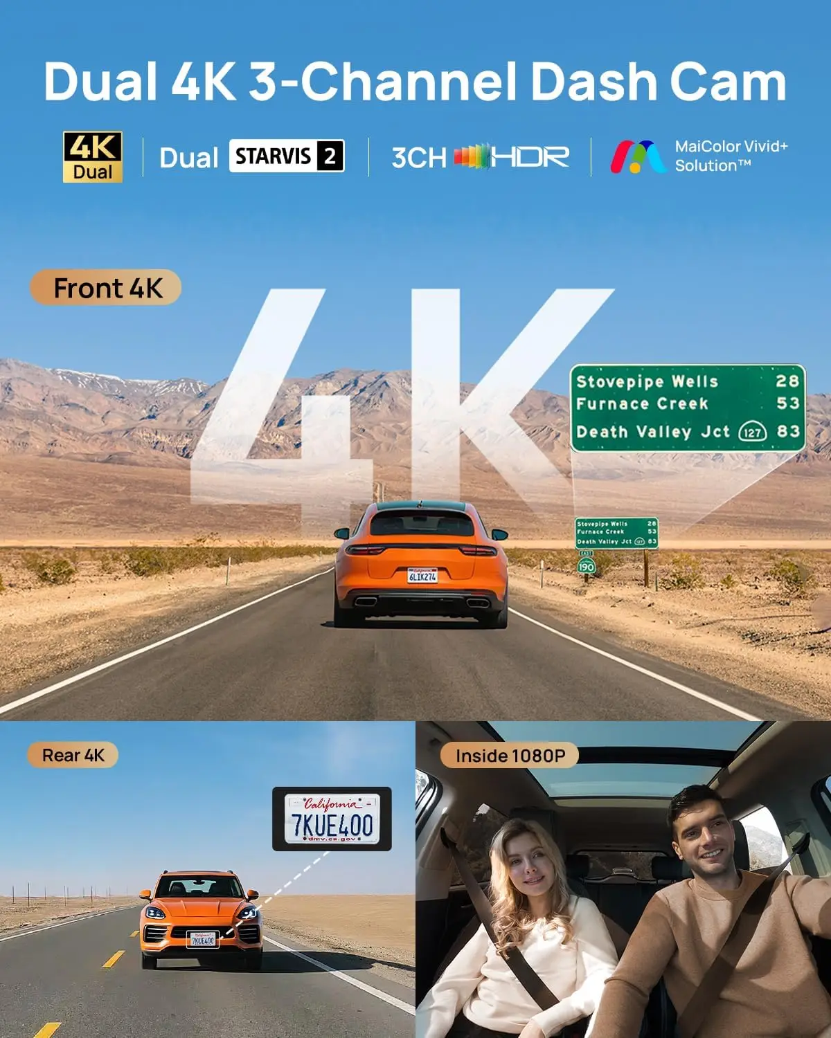 Dash Cam 4K T800 3 Channel Front Rear Inside 2160P 1080P STARVIS 2 IMX678 HDR Night Vision 512GB Card WiFi 6 4G LTE ADAS 24H Par