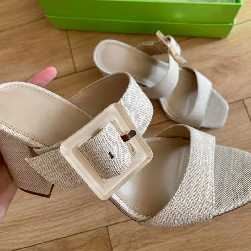 

Square Buckle Chunky Heel Mule Sandals Woman Open Toe Linen Canvas Pump Slippers Ladies Brand Design Elegant Summer Heeled Shoes