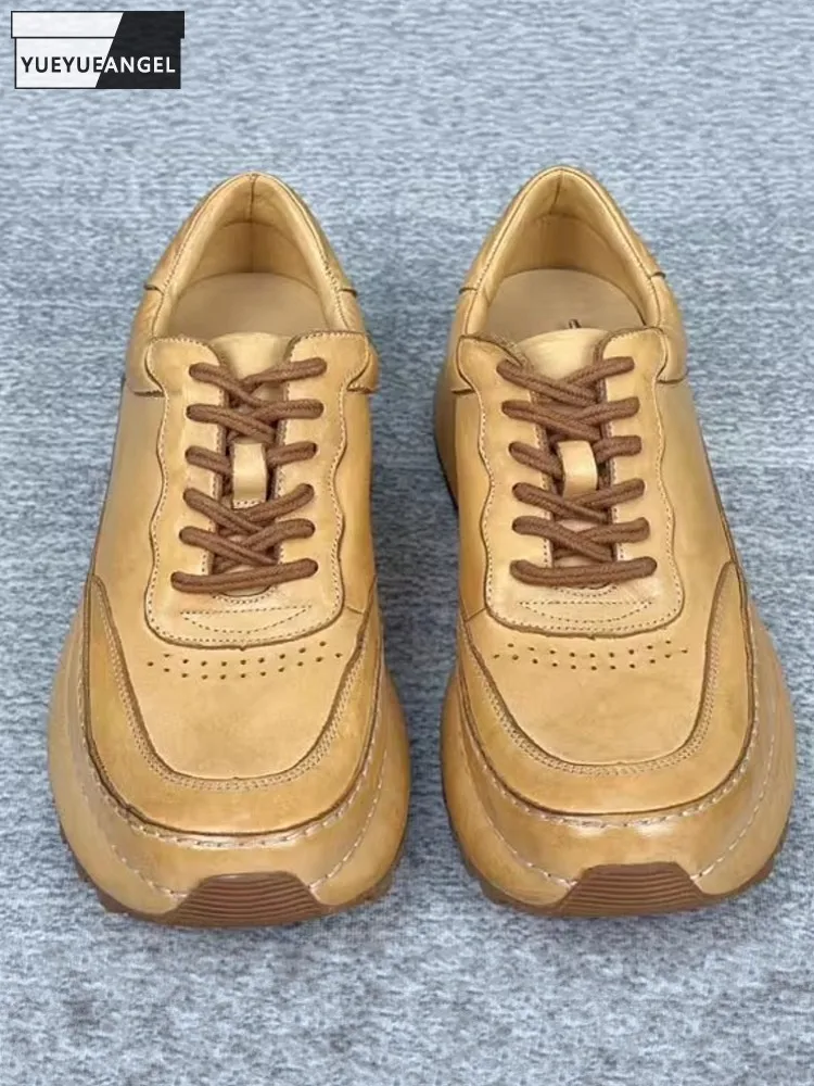 Handmade Mens Horsehide Genuine Leather Casual Shoes Lace Up Low Cut Outside Sneakers Thick Platform Joggers Trainers Work Shoes