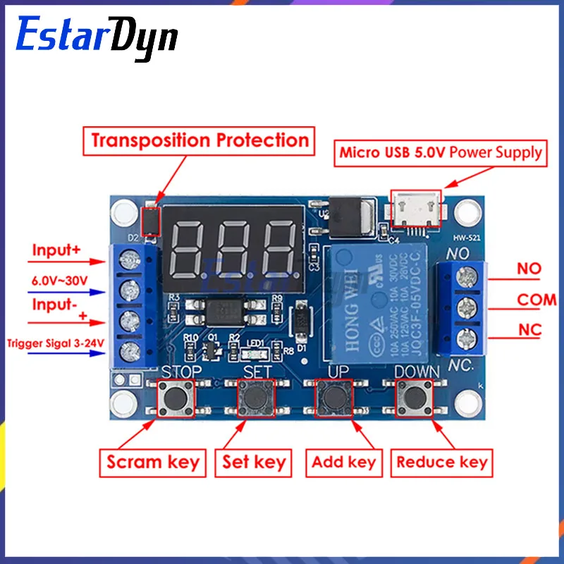 Estardyn-Módulo de relé de 6-30V, interruptor de temporizador, ciclo de retardo ajustable, Control de encendido/apagado para Arduino, electrónica DIY