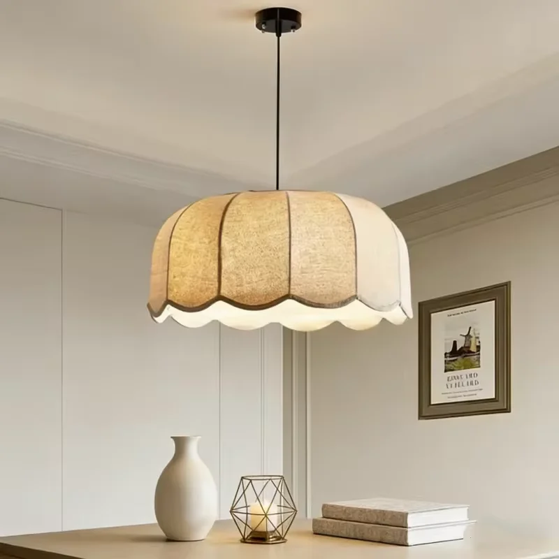 

LINCCW Japanese Fabric Pendant Light Nordic Wavy Lampshade Bedroom Restaurant Chandelier Home Decoration Hanging Lamp Fixtures