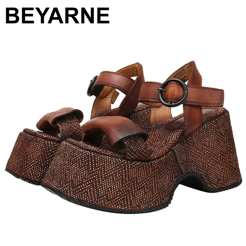 Genuine Leather Thick Sole Sandals Women  Summer New Vintage Comfortable 10CM Heel High Handmade Platform Shoes