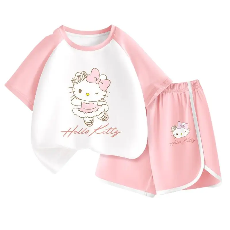 

Sanrio Hello Kitty Girl Summer Suit Pure Cotton T-Shirt Shorts Cartoon Printing Comfort Children Clothing Kawaii New Style Hot
