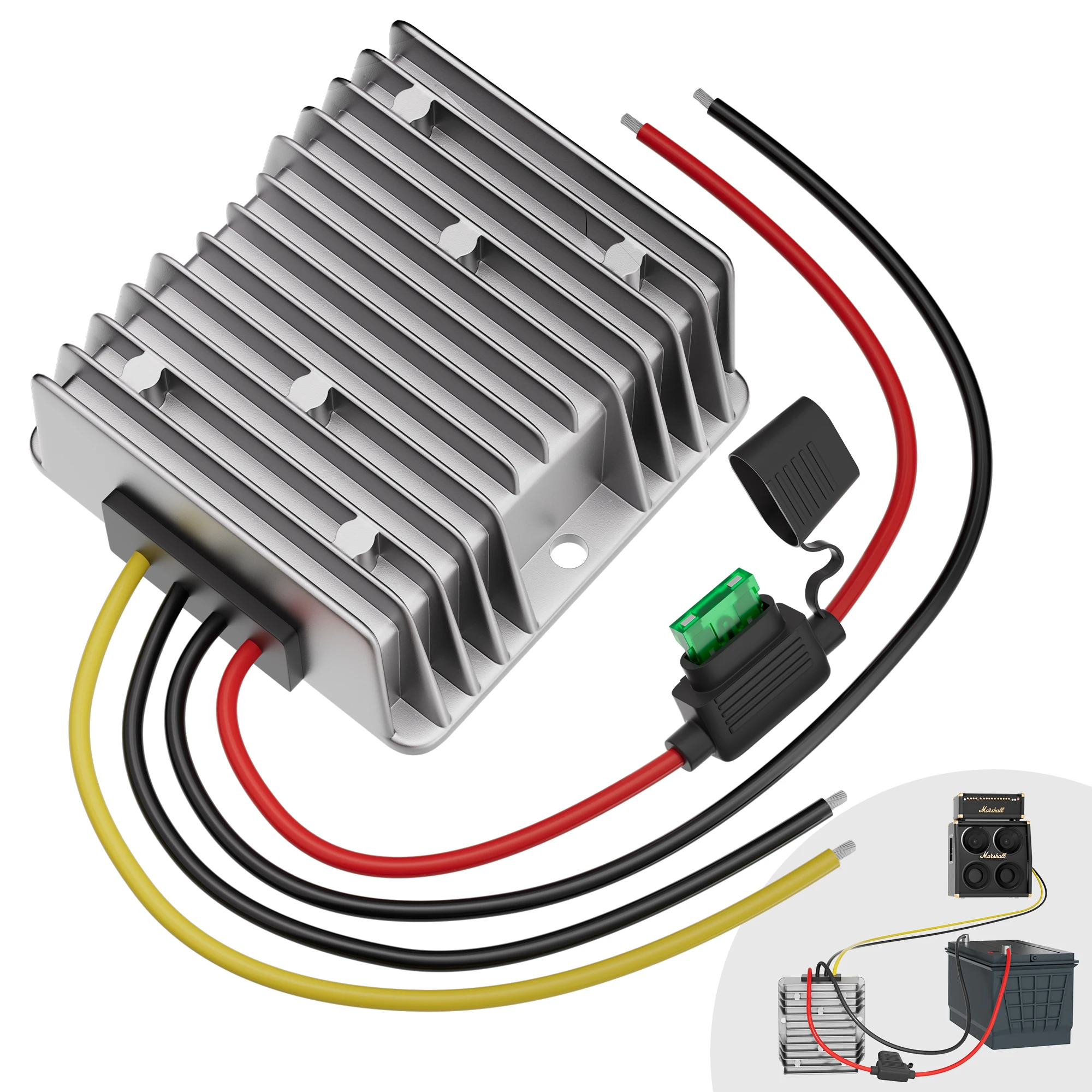 48V 36V 24V auf 12V Wandler 20A 240W DC-DC Spannungsregler Reduzierer Step-Down-Wandler mit Inline-Sicherung und 14AWG Vorverdrahtung