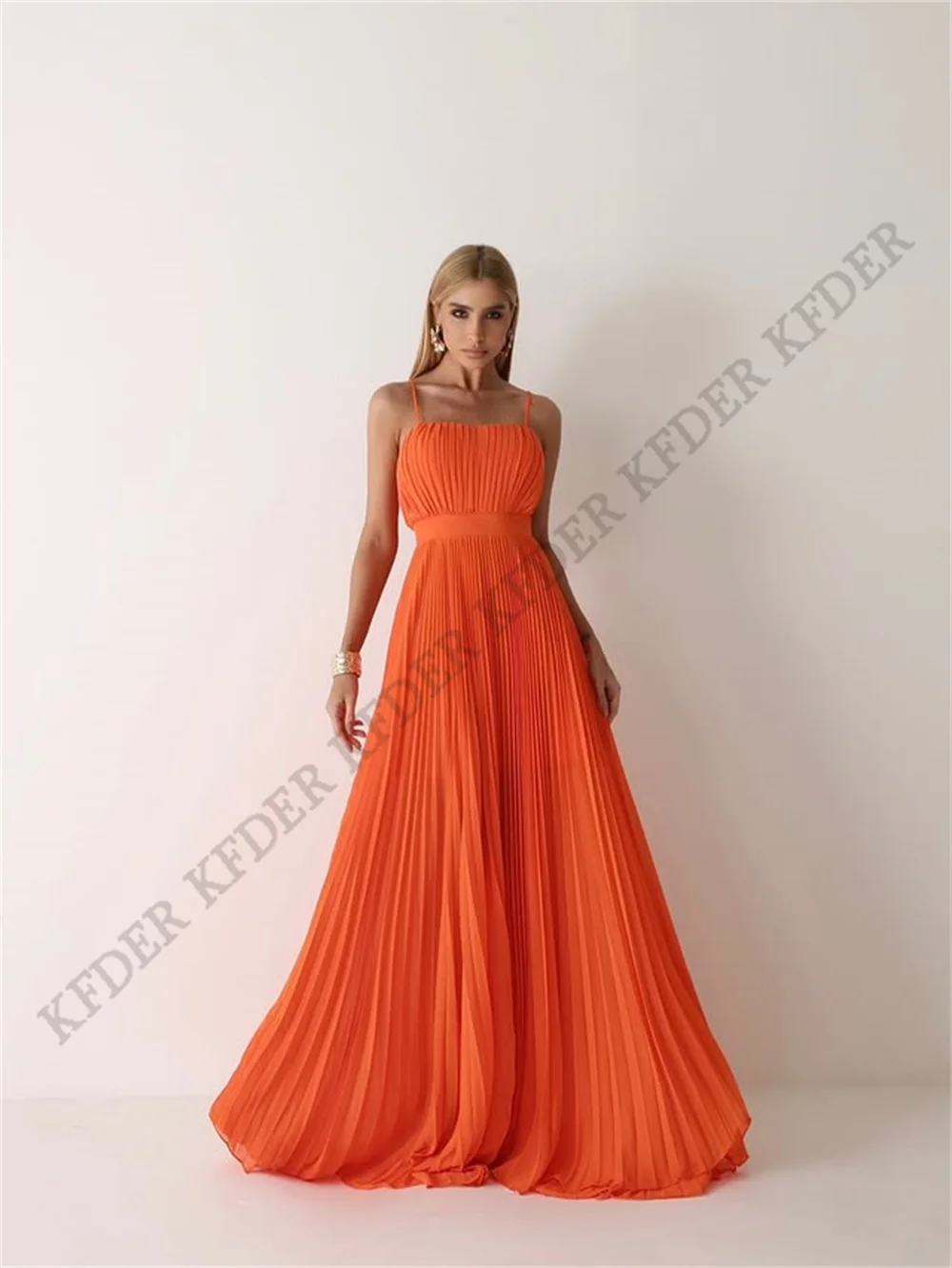 Orange A Line Chiffon Long Evening Dresses Spaghetti Straps Prom Dresses Sleeveless Formal Occasion Dress Gowns Customized