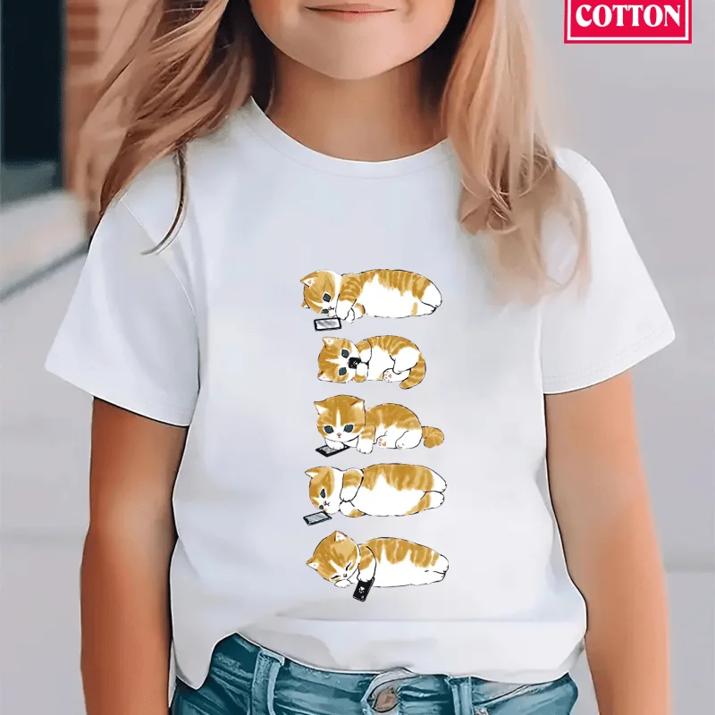 

Футболка из 100% хлопка с принтом лежащего кота для маленьких девочек и мальчиков, пуловер с короткими рукавами, одежда для малышей, От 3 до 13 лет