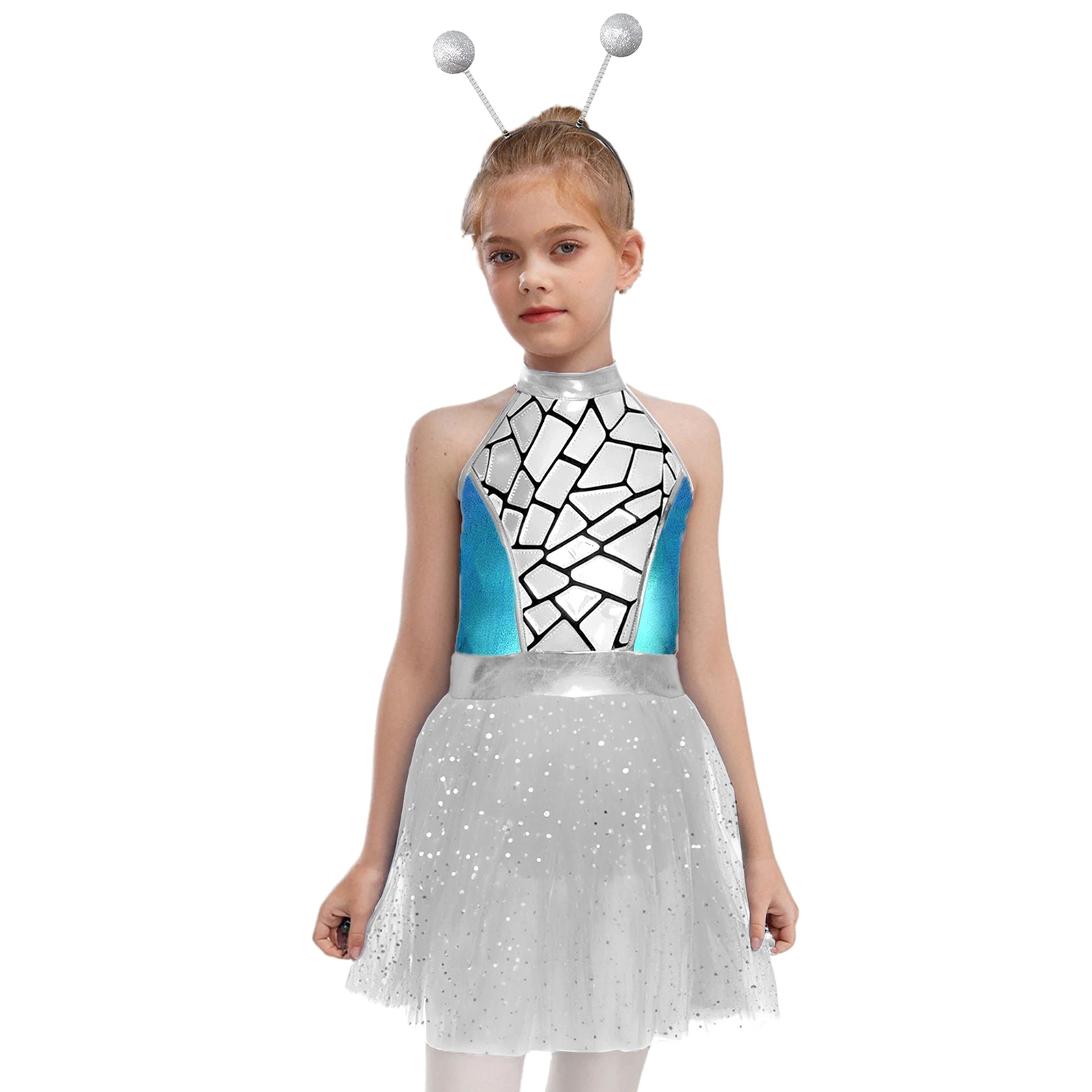 

Kids Girls Alien Outerspace Halloween Cosplay Costume for Future World Party Sleeveless Tutu Dance Dress with Alien Hair Hoop