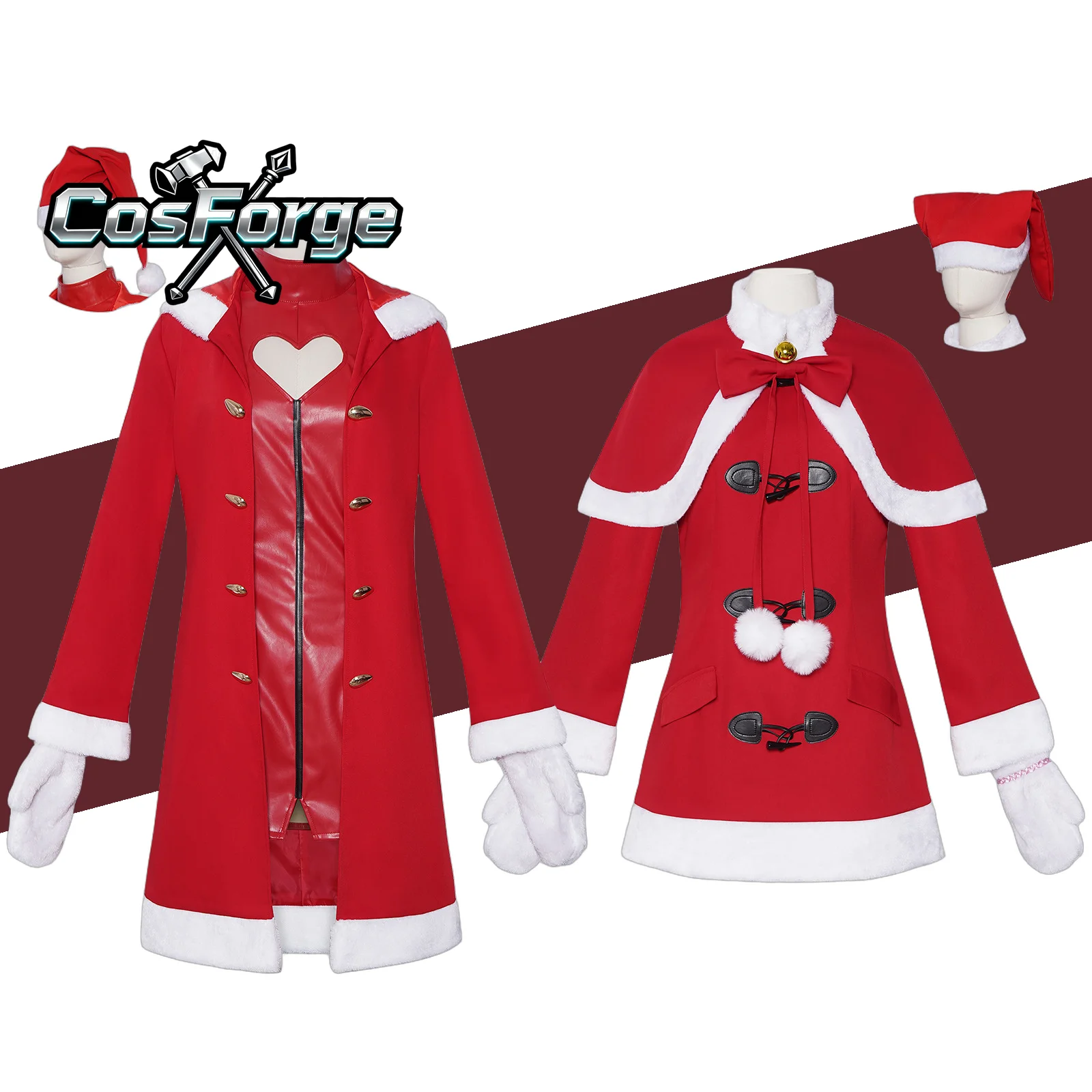 

Reeeii Christmas Party Cosplay Costume for Girls Sexy PU Heart Hollow Out Mini Dress with Red Furry Coat and Cute Hat Jirai Kei