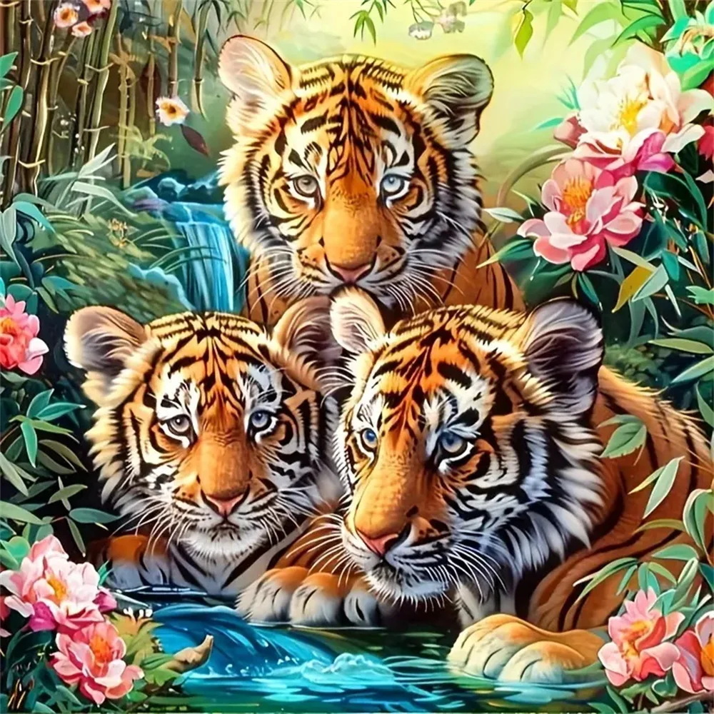 Vollquadratische Runde Diamant-Malerei Tiger Tier Mosaik Blume Acryl Bastelbedarf DIY Stickerei Heimdekoration