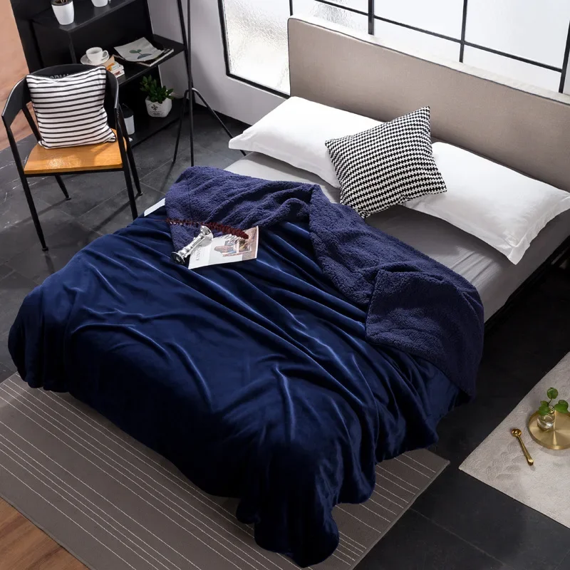 Double-Layer Thickened Cashmere Blanket Solid Autumn and Winter Flannel Sofa Throw Blankets Fluffy Soft Plush Shawl Cushion