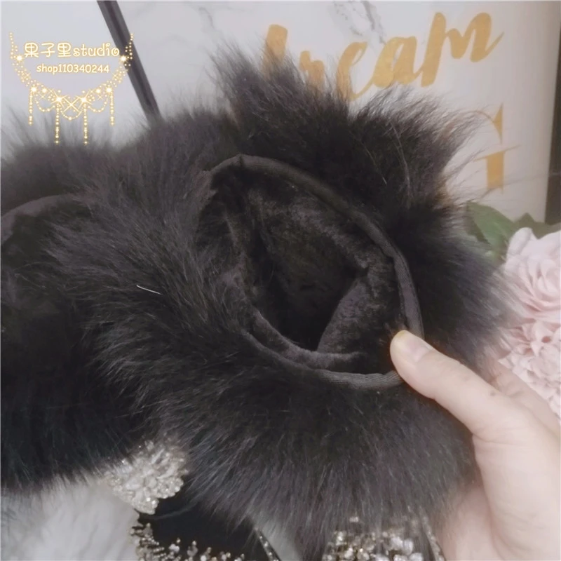 Luxury Fox Fur Black Genuine Leather Women Tall Snow Boots Thermal Thicken Plush Diamond Rhinestones Winter Shoes Handmade