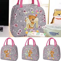 Zipper Lunch Bag for Kids Design Grey Flower Color Lunch Box Microwave Safe Dinner Box Printing Bear