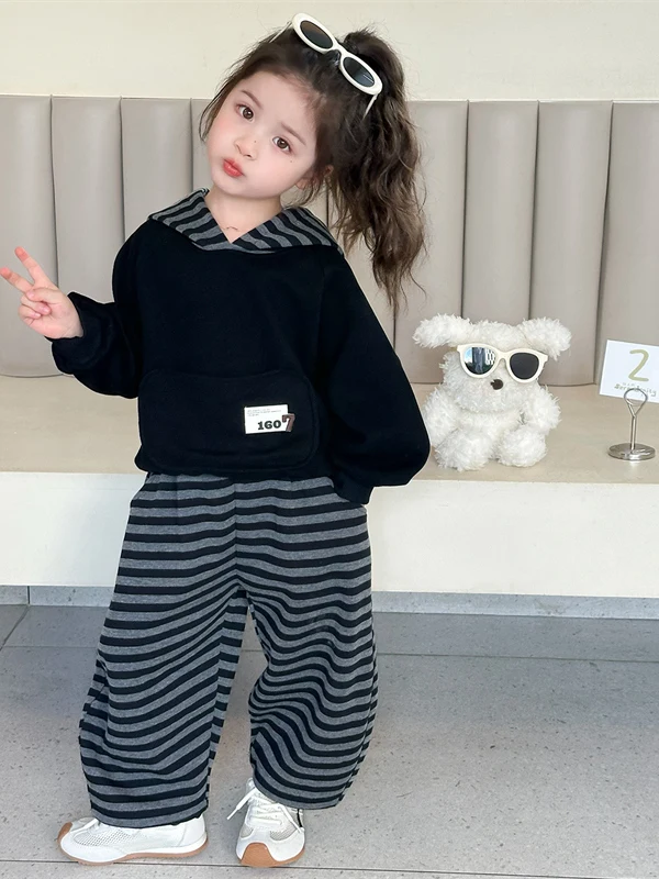

Girls' Casual Bla Hoodie And Stripe Pants Two-Piece Set Spring Autumn New Arrival Children's Wear Comfortable Sportswear