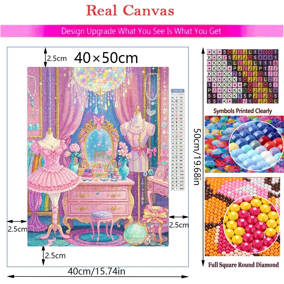 DIY 5D Diamond Painting Kit, Dreamy Pink Princess Room Girly Scene Full Drill Diamond Art, Mosaic Cross Stitch Home Decor Gift view 3
