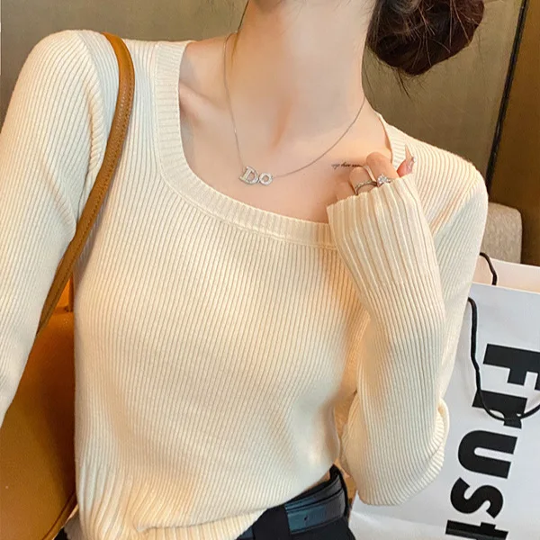 

Thin Knitted Sweater Early Autumn New Women's Fashion Niche Design Sense Inner Wear Square Neck Base Shirt Short Slim Fit