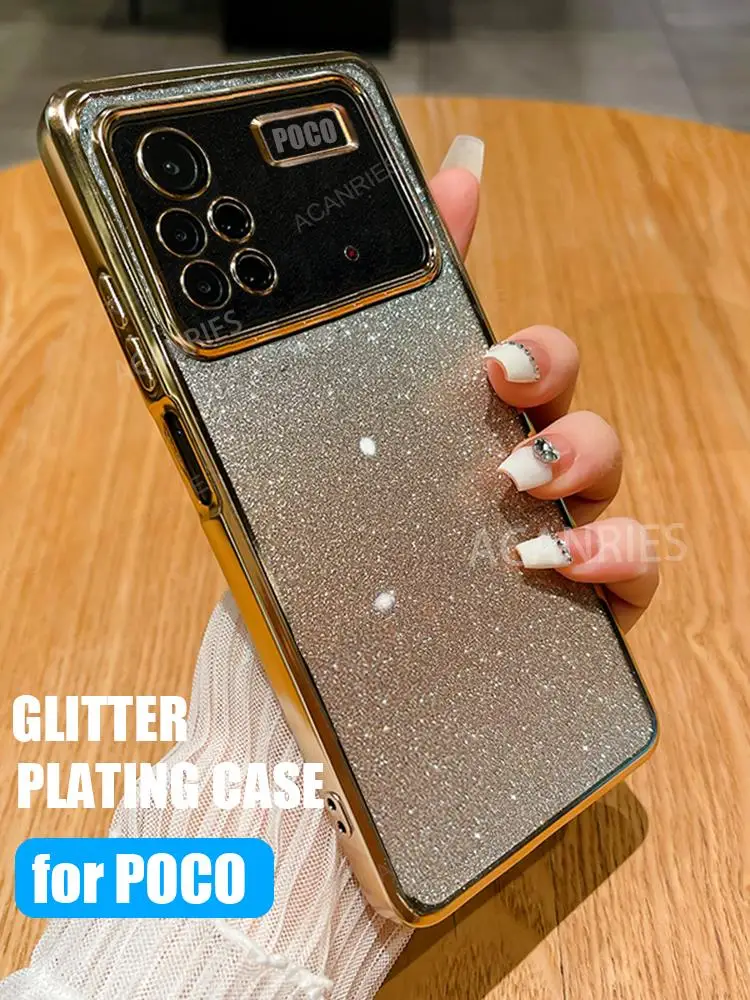 Poko M 4 X 3 X4pro Glitter Plating Case For Xiaomi Mi Poco X3 M4 X4 Pro 5g M5 M3 4g X4pro Camera Protect Luxury Silicone Cover