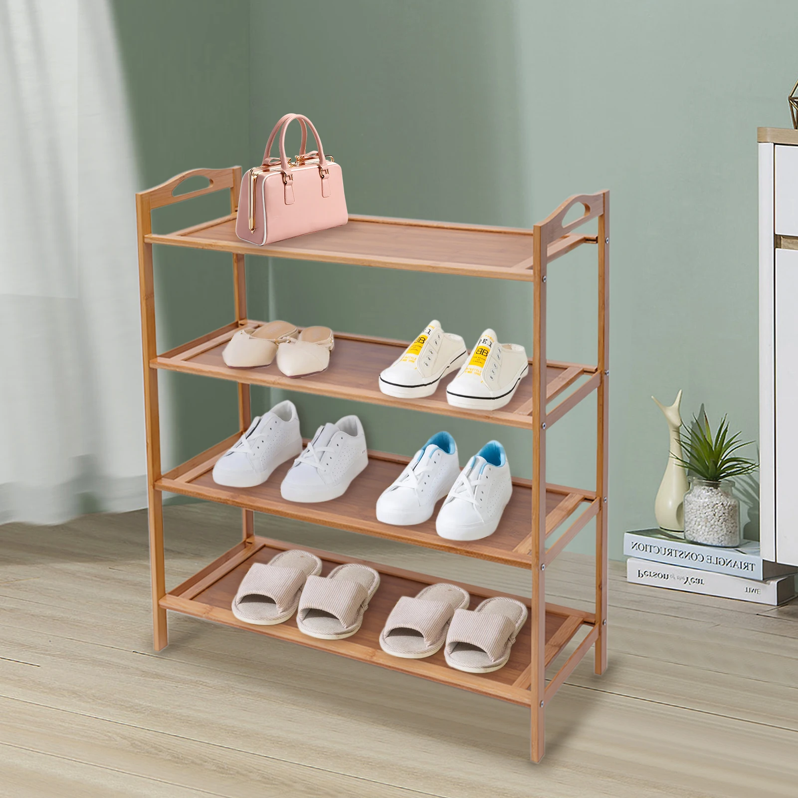 4-Tier Shoe Rack Natural Bamboo Shoe Storage Rack Free Standing Open Shoe Organizer for Entryway Hallway Porch Closet 60*25*67cm