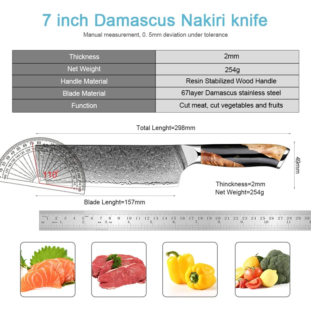 XITUO Japanese 7 Inch Nakiri Knife Damascus Steel Sharp, Kitchen Knife for Vegetables & Meat, Black Resin Stabilized Wood Handle