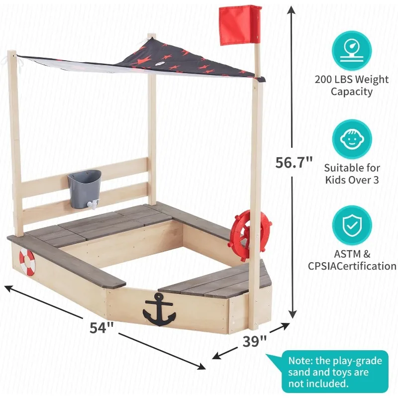 Sandbox with Cover Wooden Sandbox with Storage Bench Seat Sink Outdoor SandBox for Backyard Garden Sand Boxes Sandpit Light Wood