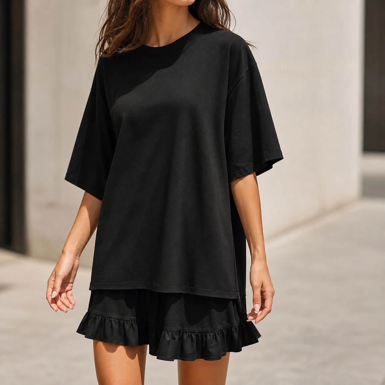 Camiseta de Punto para Mujer, de Manga Media, Hombros Caídos, Color Sólido, para Primavera/Verano, Estilo Casual y Básico para Uso Diario, en Negro