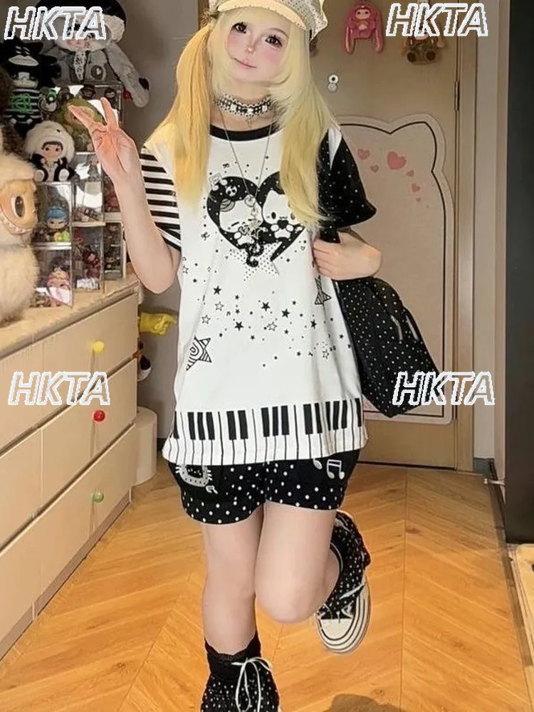 Subculture Y2k Japanese Two-dimensional Key Cartoon Lolita Raglan Sleeve T-shirt Women's Loose Casual Short-sleeved T Shirt Tops