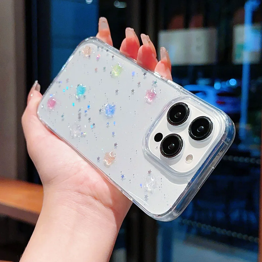 حافظة لهاتف آيفون 16 15 14 Plus 13 11 12 Pro Max Plus بالترتر غطاء شفاف مزين بالترتر ثلاثي الأبعاد