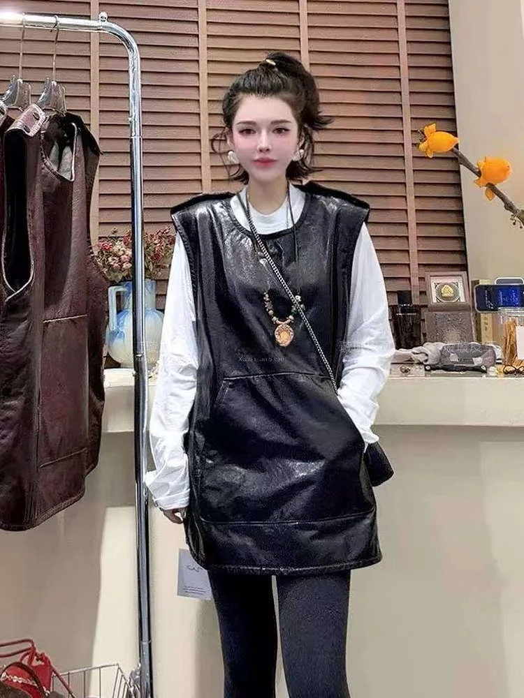 

2025 New Sle Women's Leather Crop Top eepskin Svel Vest Slimming Versatile Casual Wear Zipper Closure ort Length