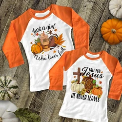 Fall for Jesus He Never Leaves Print Shirt Kids Thanksgiving Halloween Party T-shirt Boys Girls Raglan Sleeve Tee Child Fall Top