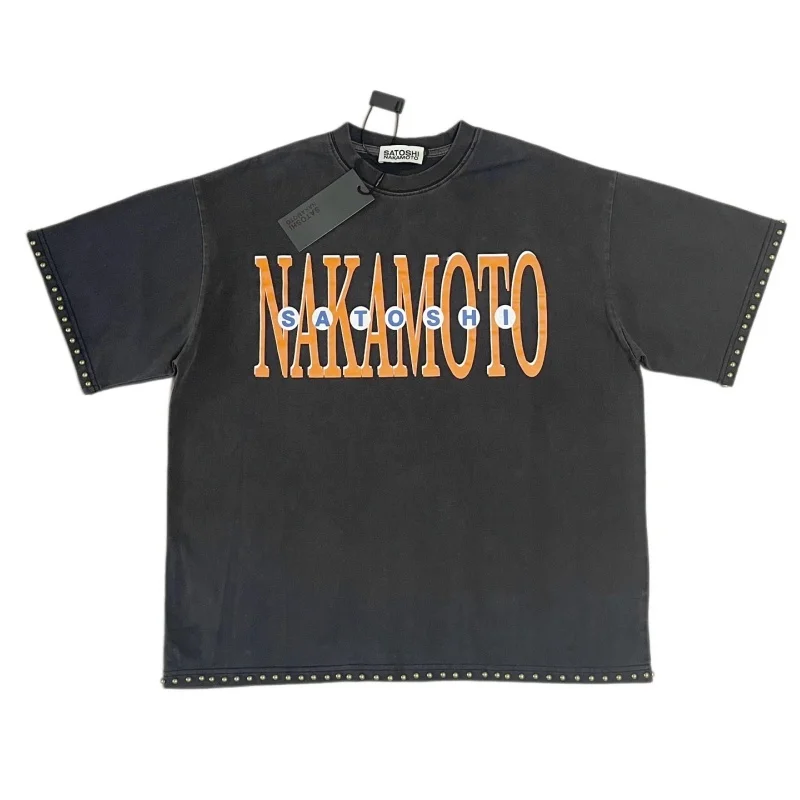 Men Satoshi Nakamoto Letter T-Shirt Stud Trim Washed Black Oversized Tee