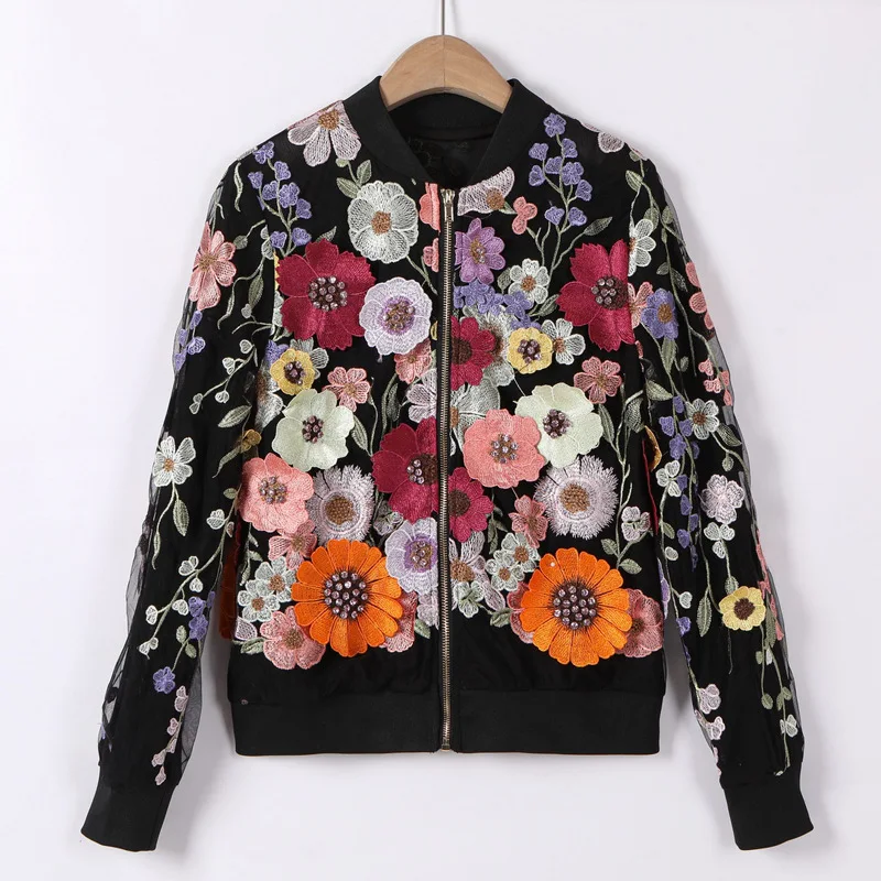 Top Quality New Jacket 2025 Autumn Winter Style Lady Allover Luxurious Embroidery Flower Patterns Long Sleeve Black Zip Coat XXL