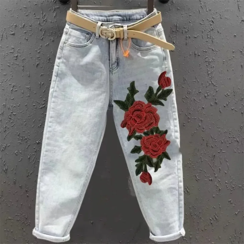 

Women's High-Waisted Boyfriend Jeans with Red Rose Embroidery
