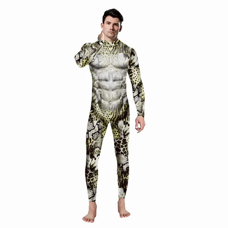 Python Pattern Jumpsuit Men Snake Cosplay Costume Halloween Bodysuit Animal Catsuit Carnival Skinny Outfit Adult Rompers