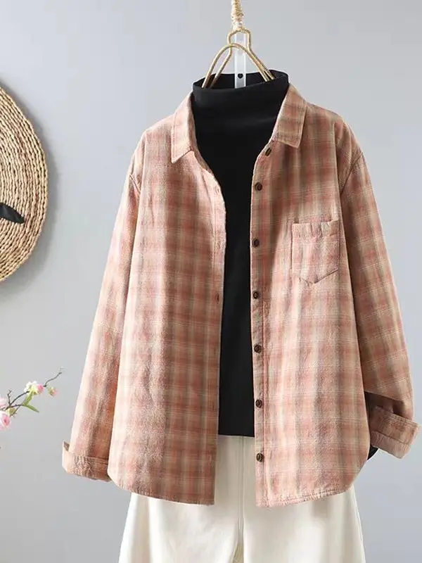 

Осень-зима 2022, клетчатый хлопковый женский топ из чистого хлопка, повседневная свободная теплая внутренняя одежда, хлопковый длинный топ све