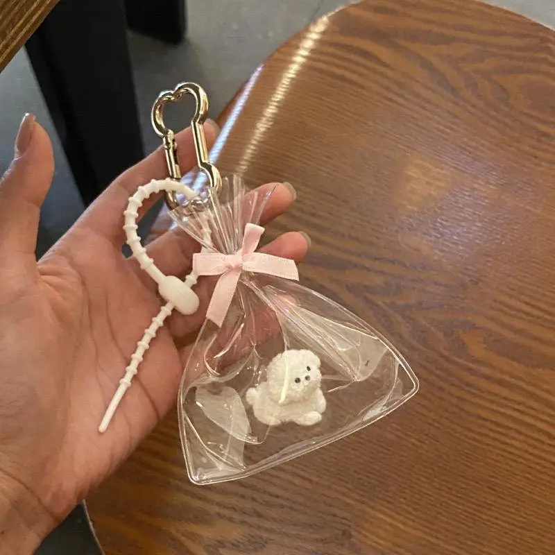 Kawaii Mini Curly Dog in a Bag Keychain Cute Curly Hair Dog Charm Bag Pendant Key Ring Creative Bag Decor Accessories Girls Gift