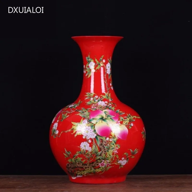 Jingdezhen Ceramic Vase Chinese red overglaze color Shoutao Appreciation Bottle Ceramic Crafts Home decoration accessories