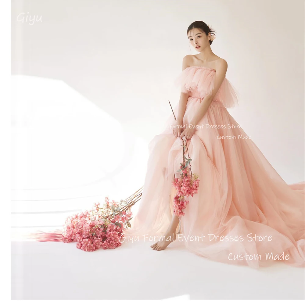 

Giyu Elegant Blush Pink Tulle Long Wedding Dresses Korea Photoshoot Strapless Evening Dress Formal Party Dress Corset Back