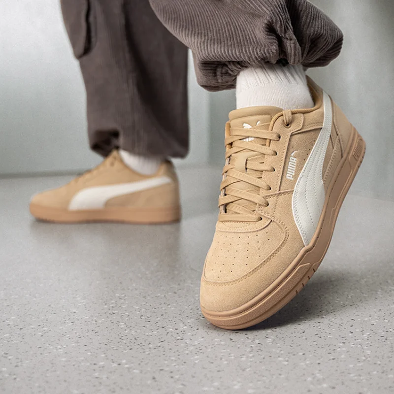 Men Puma 404486-04 Camel Leather Low Top Skate Shoes, Classic White Side Formstrip Flat Casual Sneakers For Street Walking, Dail