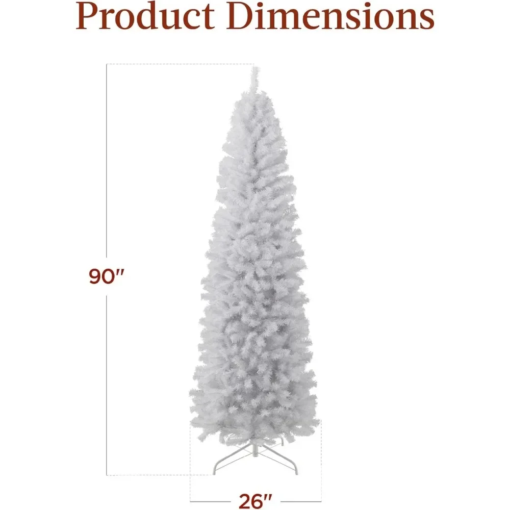 7.5ft White Pencil Christmas Tree Artificial Holiday Tree Party Decoration w/ 972 Tips, Metal Hinges & Base Christmas Tree