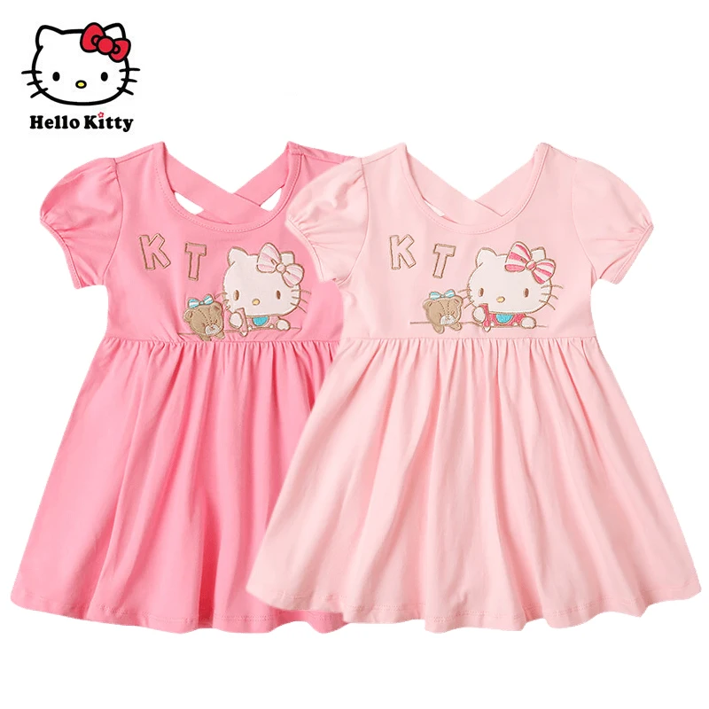 Kawaii Sanrios Hellokittys Summer Anime Baby Clothing Girls Mesh Princess Puff Sleeve Dress Kids Cotton Comfortable Tutu Skirt