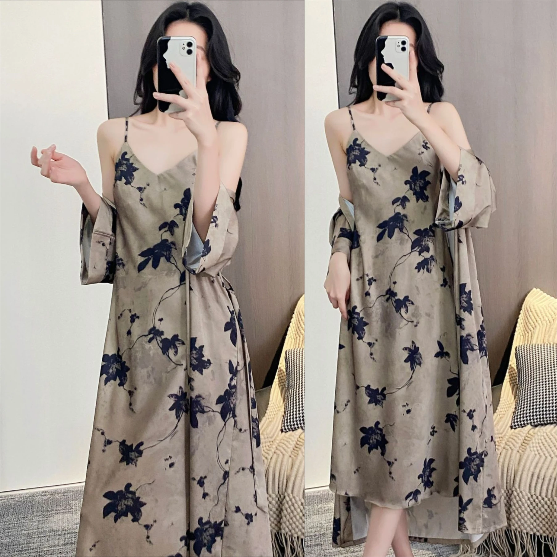 Twinset Spring Summer Robe Gown Sets Print V-Neck Women Silky Satin Bathrobe Kimono Nightgown Sleep Suit Sleepwear Loungewear